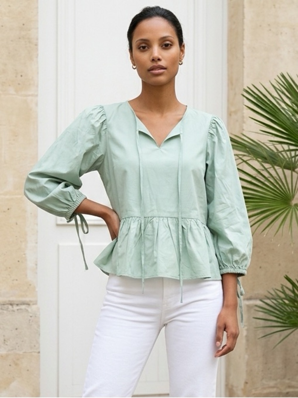 NWT Harshman Women’s Spruce 3/4 Sleeve V Neck Linen Blouse Top Matcha Green - L